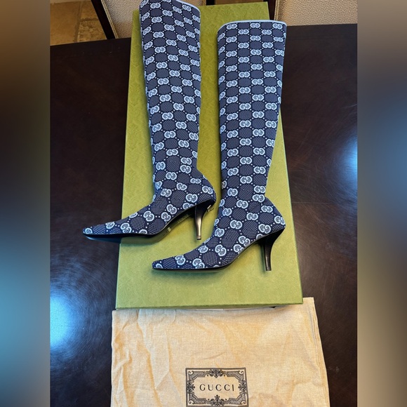 New Gucci GG Supreme Logo Knit Blue Knee High Boots Size 37.5 / US 7.5 - Picture 2 of 16